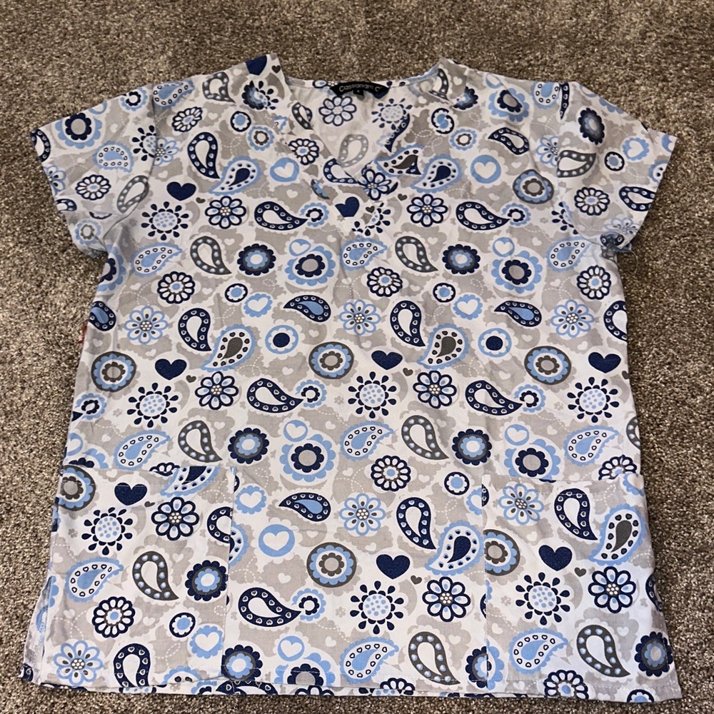 Floral Paisley Medical Scrub Top‎ - Blue and Gray